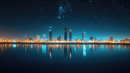 A night view of iconic skyline, with Bahrain Bay reflecting the bright city lights under a clear, starlit sky.の素材