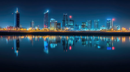 Cityscape of Manama at night, with Bahrain Bay reflecting the city lights and highlighting the architectural beauty of the skyline.の素材