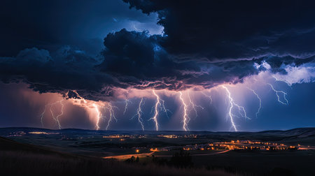 A dramatic scene of multiple lightning strikes in the night sky, each bolt highlighting the storm clouds above.の素材