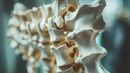 Detailed view of a human spine model, focusing on the vertebrae and alignment, medical conceptの素材
