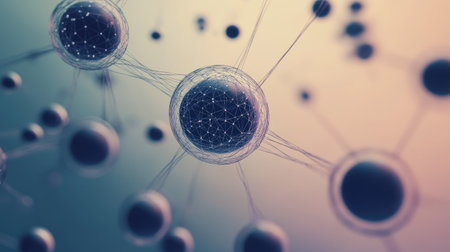 Abstract 3D spheres connected by thin lines, floating in space with a gradient background, symbolizing connectivity and networks. -の素材