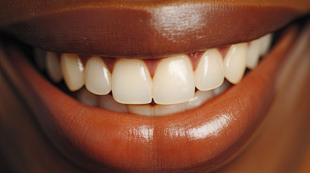 Close-up of a human mouth smiling, showing healthy teeth and lips, positive expressionの素材