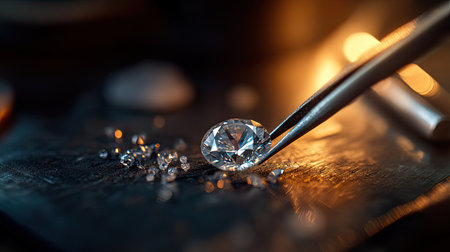 Close-up of a loose diamond held by tweezers, set against a soft-focus jeweler workbenchの素材