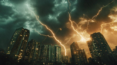 A dramatic scene of multiple lightning strikes over high-rise buildings during a severe thunderstorm.の素材