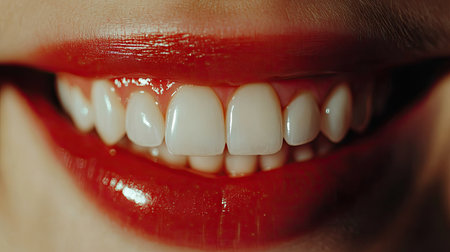 Close-up of a human mouth smiling, showing healthy teeth and lips, positive expressionの素材