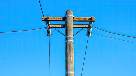 Close-up of a high-voltage power pole with insulators and cables, clear blue sky backgroundの素材