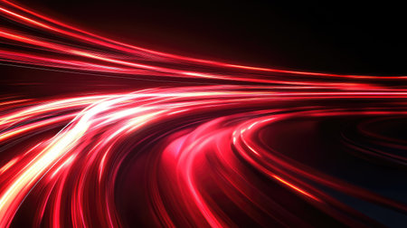 Abstract red light streaks creating a fast-speed curve with dynamic motion on a black background. Vector illustration with high-energy feel.の素材