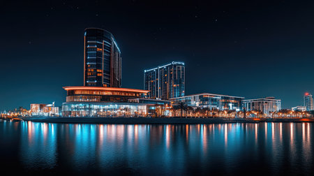 A stunning nighttime shot of Festival City, Dubai, featuring the Hotel Crowne Plaza and Hotel Intercontinental lit up against the night sky.の素材