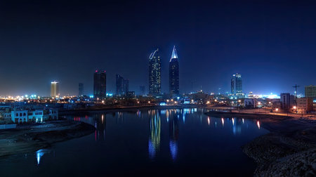 A nighttime view of the Four Seasons and Hilton Hotels in Manama, Bahrain, their lights shining brightly against the dark sky.の素材