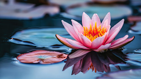 Close-up of a water lily with its petals slightly open, floating on a calm pondの素材