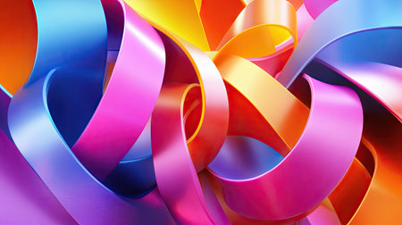 3D abstract background with twisted ribbons and spirals in bright colors, creating an energetic and playful scene. Ideal for creative projects.の素材