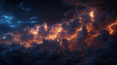 A night sky lit up by a series of lightning strikes, each bolt casting a brief but intense glow on the storm clouds.の素材