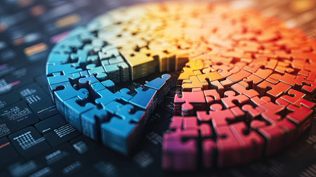 3D pie chart made of puzzle pieces, with each piece slightly lifted, symbolizing data integrationの素材