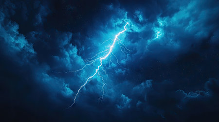 A single, powerful cloud-to-ground lightning bolt striking during a storm, with the bolt creating an electrifying atmosphere in the night sky.の素材
