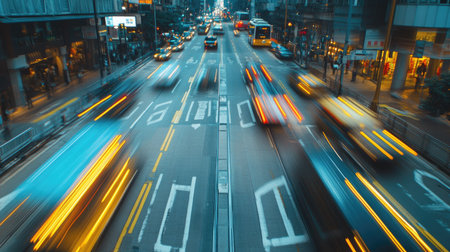 Blurry traffic lights and moving vehicles in Hong Kong's downtown district, with clear Chinese road markings visible.の素材