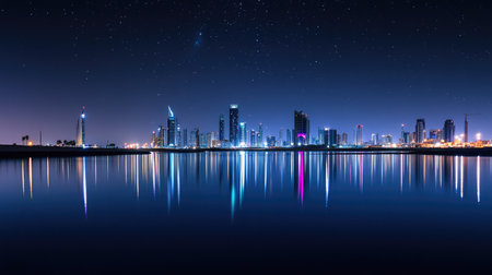 A night view of iconic skyline, with Bahrain Bay reflecting the bright city lights under a clear, starlit sky.の素材