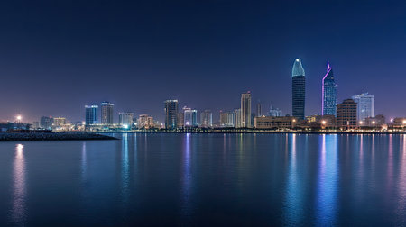 A serene night shot of Manama with the Four Seasons and Hilton Hotels glowing brightly, capturing the city's luxurious atmosphere.の素材