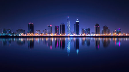 A breathtaking night shot of Manama, Bahrain, featuring the illuminated skyline along Bahrain Bay and its reflections in the water.の素材