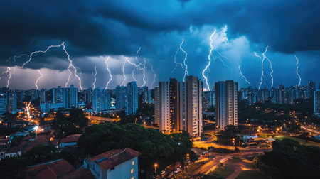 A dramatic scene of multiple lightning strikes over high-rise buildings during a severe thunderstorm.の素材