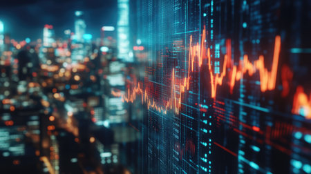 A close-up of a financial graph with fluctuating lines, overlaid on a cityscape at night, symbolizing market volatility.の素材