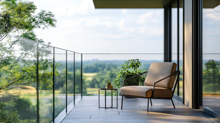 A close-up of a modern balcony with glass railings, showing a sleek lounge chair and a small side table, with a view of the surrounding landscape.の素材