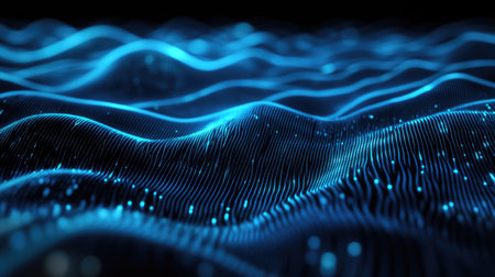3D blue particles forming horizontal lines that ripple and undulate on a black background, perfect for abstract digital interface and tech-themed visuals. -の素材