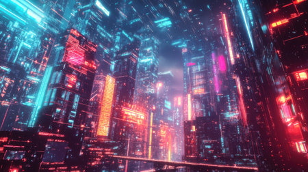 Futuristic city with neon-lit buildings and abstract digital elements, capturing a panoramic view of modern urban architecture and technology.の素材