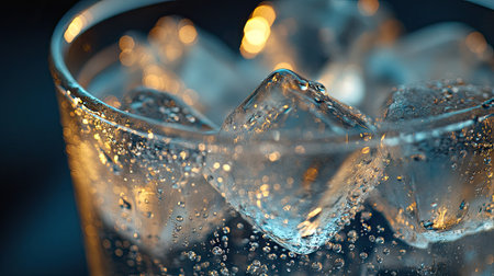 A close-up of sparkling ice cubes in a glass, with light refracting through the clear, frozen pieces and condensation forming on the surface.の素材