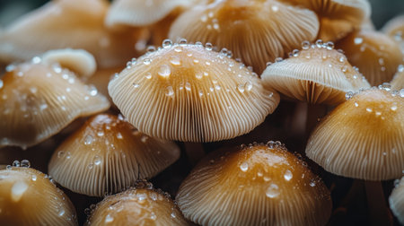 A detailed shot of a cluster of mushrooms, highlighting their varied shapes and textures, with dew drops glistening on the caps.の素材