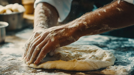 A detailed shot of a chef hands kneading dough, capturing the texture and elasticity of the dough as it being prepared for baking.の素材