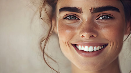 A close-up of a beautiful woman with radiant skin and minimal makeup, smiling softly, with natural light highlighting her features. -の素材