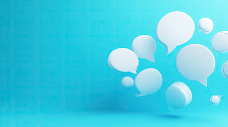 3D white speech bubble chat illustration against a vibrant blue background, perfect for communication, messaging, or social media concepts.の素材