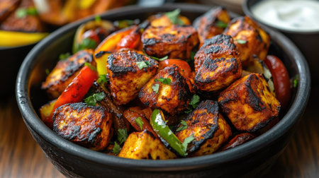 A close-up of a bowl of aromatic paneer tikka, featuring grilled chunks of paneer with spices and vegetables, served with a side of yogurt dip.の素材