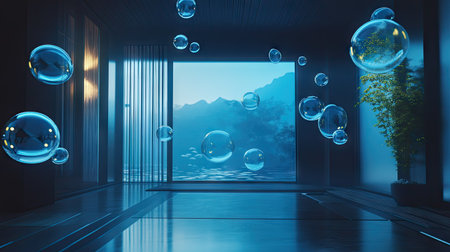 Elegant room with floating, translucent chat bubbles creating a dynamic, high-tech scene. Ideal for visuals focusing on digital messaging.の素材