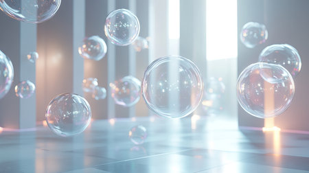 Floating shiny chat bubbles in a contemporary room with clean lines and ample light. Perfect for tech visuals and digital messaging environments.の素材
