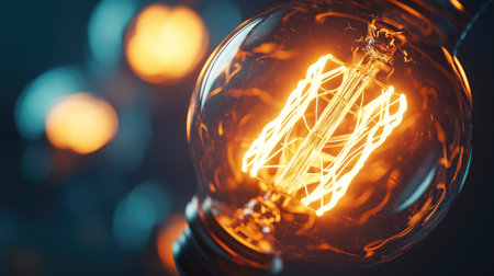 A close-up of a glowing light bulb with intricate filaments, casting a warm, ambient light and creating a soft, circular glow.の素材