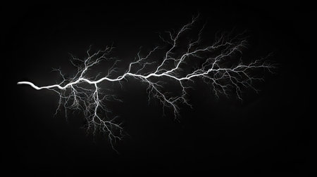 Isolated lightning bolt with branch-like tendrils, set against a solid black backdrop, emphasizing the intensity and grandeur of the storm.の素材