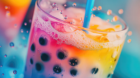 A close-up of a bubble tea with popping boba, highlighting the burst of bright, colorful boba floating in the drink.の素材