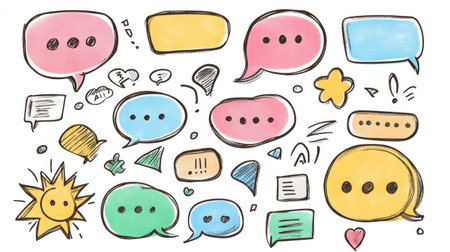Variety of speech bubble and message box designs in doodle style with blank spaces for text. Perfect for visualizing conversations and chat interactions. -の素材