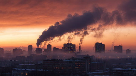 A dense cloud of smoke rolling over a city skyline at dusk, symbolizing urban pollution and industrial impact.の素材