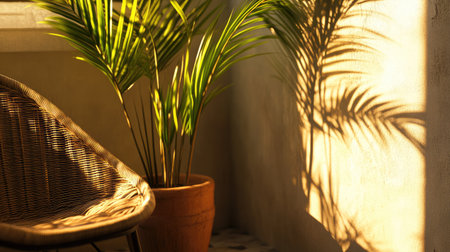 A detailed shot of a balcony corner, featuring a potted palm tree and a wicker chair, with the warm glow of the afternoon sun casting shadows.の素材