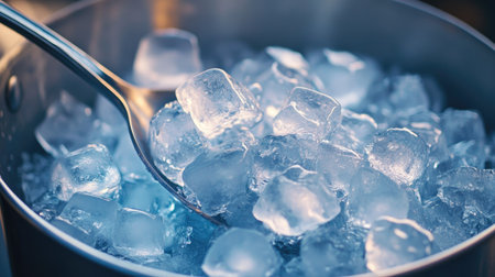 A close-up of an ice bucket filled with glistening ice cubes, with a metal scoop resting on top and light reflecting off the cold surface.の素材