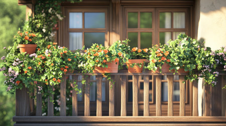 A close-up of a cozy wooden balcony railing, adorned with potted flowers and vines cascading over the edge, creating a lush, green atmosphereの素材