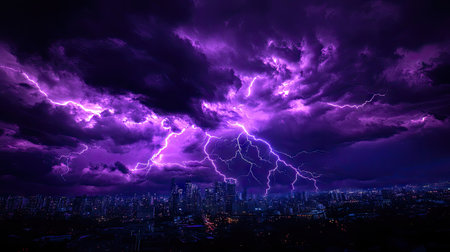 Vivid purple lightning bolts flashing across the city during a thunderstorm, casting a dramatic and surreal glow over the urban environment.の素材