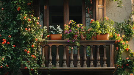 A close-up of a cozy wooden balcony railing, adorned with potted flowers and vines cascading over the edge, creating a lush, green atmosphereの素材