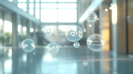 Cluster of shimmering chat bubbles drifting in a modern, well-lit room, showcasing the future of digital communication and interaction.の素材