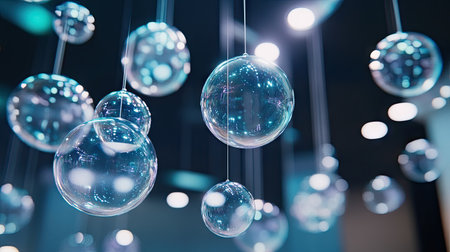 Cluster of sparkling chat bubbles suspended in a spacious room, reflecting modern digital communication. Ideal for high-tech and social interaction imagery.の素材