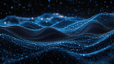 Undulating lines of blue particles on a black background forming an abstract 3D landscape, capturing the essence of communication technology and digital interfaces.の素材