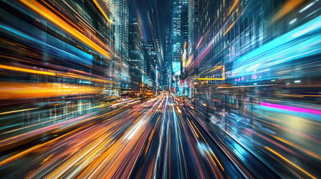 Vibrant light trails in motion over a city background, creating an abstract, high-energy effect with a touch of modernity.の素材
