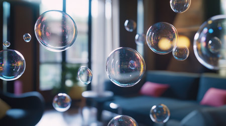 Group of shiny, transparent chat bubbles floating in a modern room, creating a futuristic communication scene. Ideal for tech and digital messaging visuals.の素材